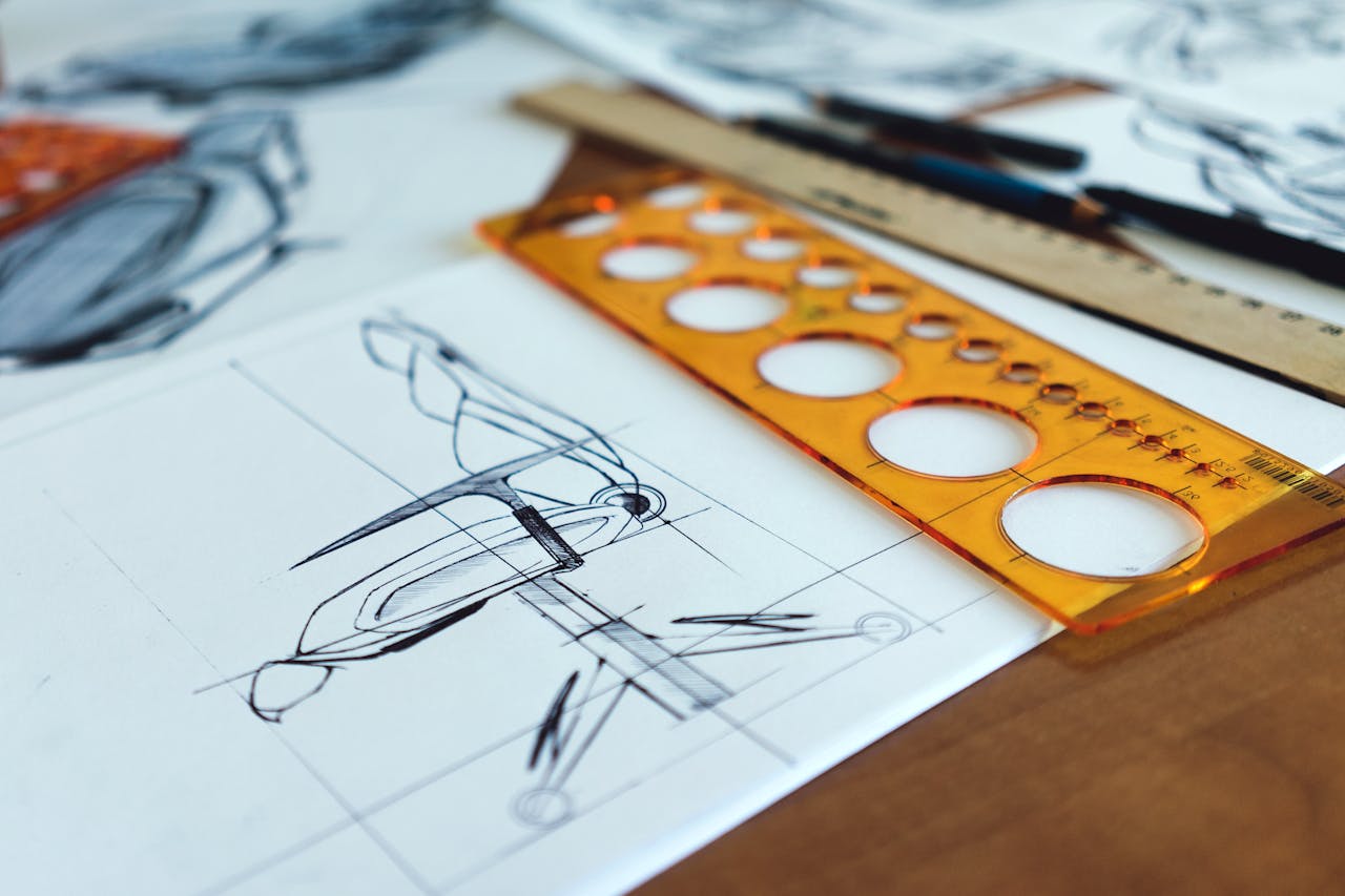 Detailed architectural drawings with design tools on a desk signify creativity and planning.